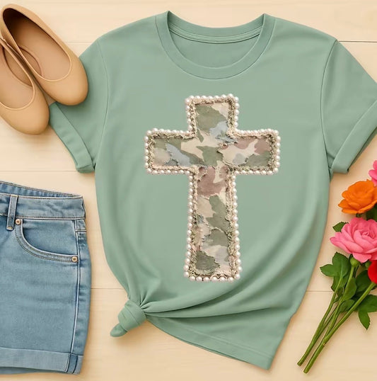 #658a Camo cross with pearls